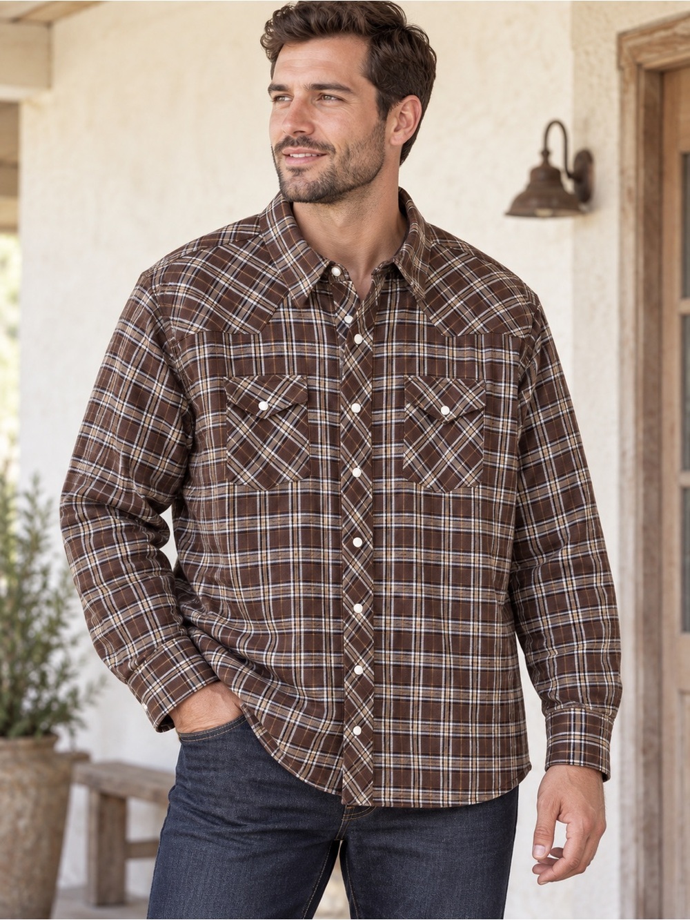 Wrangler Brown Plaid Quilted Lined Western Shirt Jacket Men’s XL Pearl Snap - Picture 1 of 5